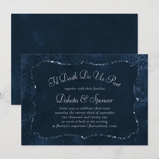 Midnight Navy Romantik | Blue Satiny Grunge Damask Inbjudningar (Fram/baksida)