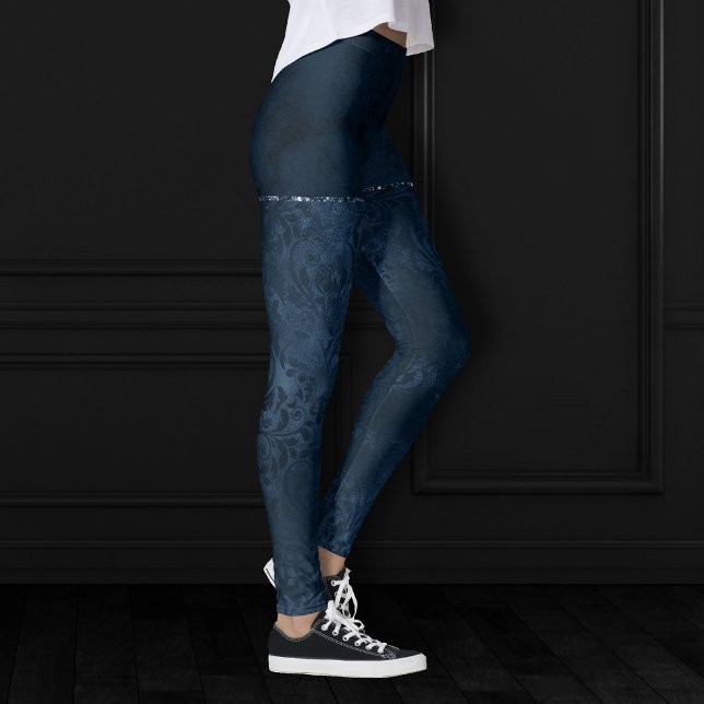 Midnight Navy Romantik | Blue Satiny Grunge Damask Leggings (Skapare uppladdad)