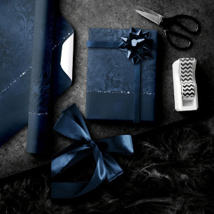 Midnight Navy Romantik Blue Satiny Grunge Damask Presentpapper