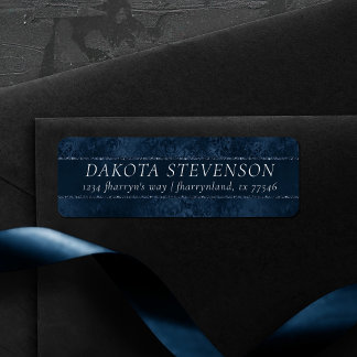 Midnight Navy Romantik | Blue Satiny Grunge Damask Returadress Etikett