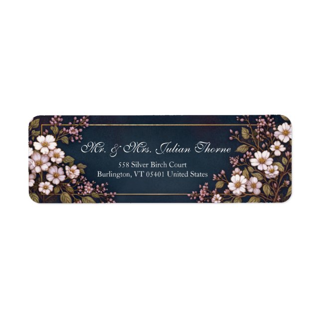 Midnight Navy White Botanical Frame Returadress Etikett (Framsidan)
