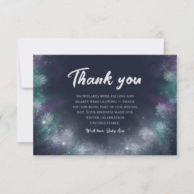 Midnight Navy Winter Pine Baby Shower Thank You Tack Kort (Framsida)