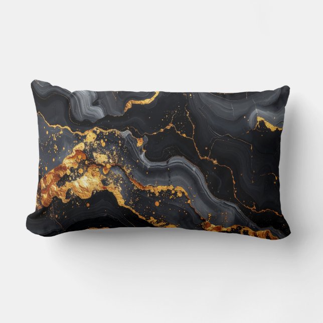 Midnight Onyx & Gold Leaf Abstract Pillow Lumbarkudde (Framsida)