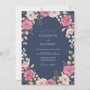 Midnight Pale Blush Ranunculus Eucalyptus Bröllop Inbjudningar