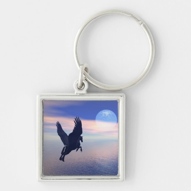 Midnight Pegasus Fyrkantig Silverfärgad Nyckelring (Framsidan)