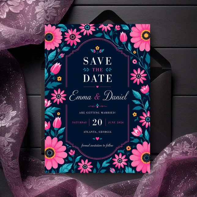 Midnight Pink Floral Romantic Wildflower Elegant  Spara Datumet (Skapare uppladdad)