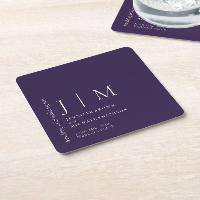 Midnight Purple Modern Bröllopsmonogram Underlägg Papper Kvadrat (Vinklad)