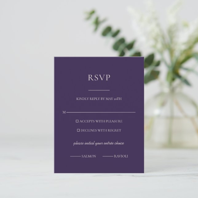 Midnight Purple Rsvp Minimal Botanisk Elegans OSA Kort (Stående Fram)