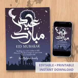 Midnight Purple Starry Night Moské Eid-kort Julkort