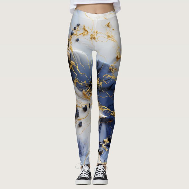 Midnight Sapphire Marmor med Guldtrådar Leggings (Framsida)