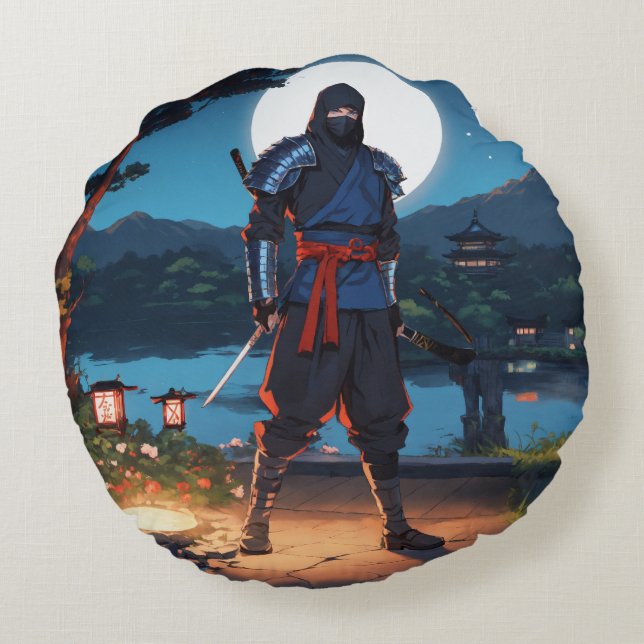 Midnight Shinobi Warrior: Smygande Ninja Månsken  Rund Kudde (Baksidan)