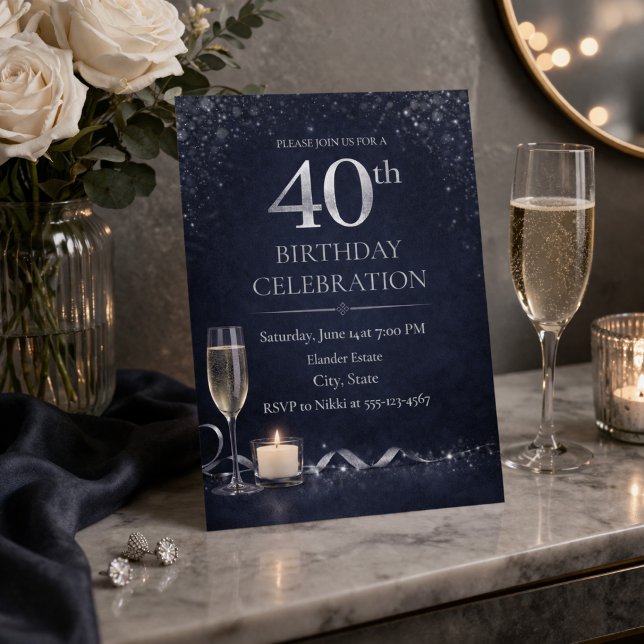 Midnight Silver 40-årsfirande Invitation Inbjudningar (Midnight navy and silver shimmer set the tone for a refined 40th birthday evening)