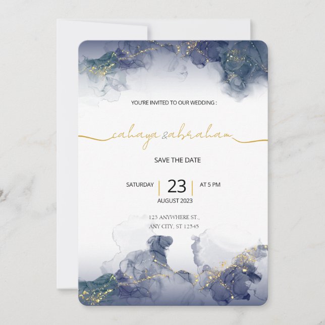 Midnight Sky & Gold Veins Moody Modern Wedding  Inbjudningar (Framsida)