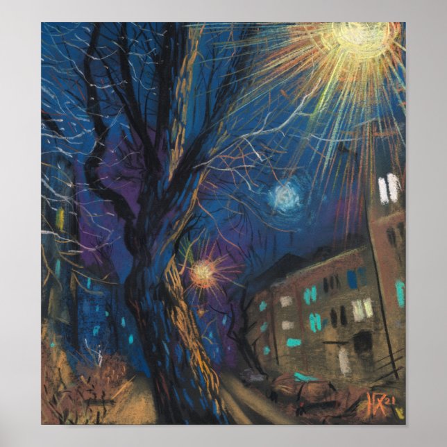 Midnight Sol, Night Street Träd Landcape Painting Poster (Framsidan)