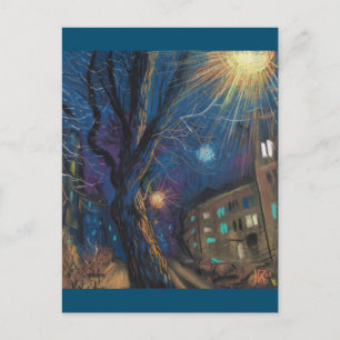 Midnight Sol, Night Street Träd Landcape Painting Vykort