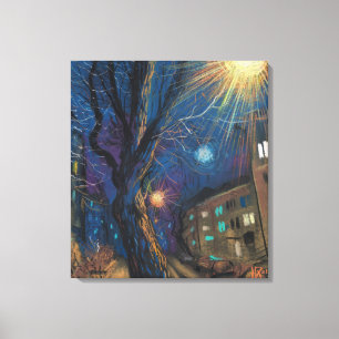 Midnight Sol, Night Street Träd Ligcape Paintin Canvastryck