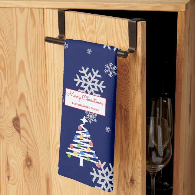Midnight Sparkle Modern Vit Julgran Kökshandduk (Thirds Fold)