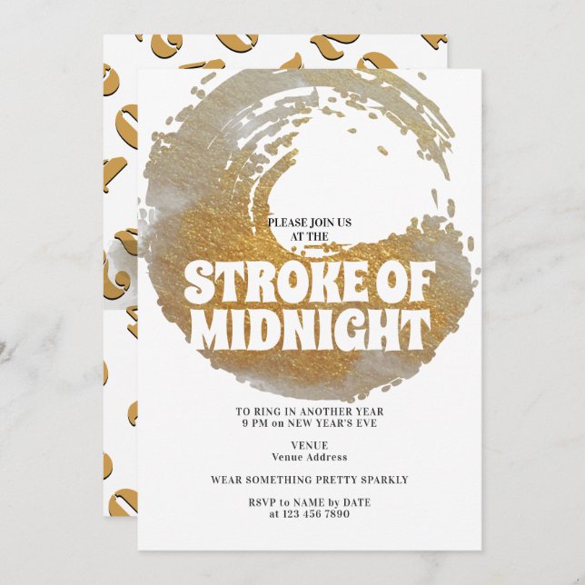 Midnight Stroke Party Svart Guld Nyårsafton Inbjudningar (Fram/baksida)