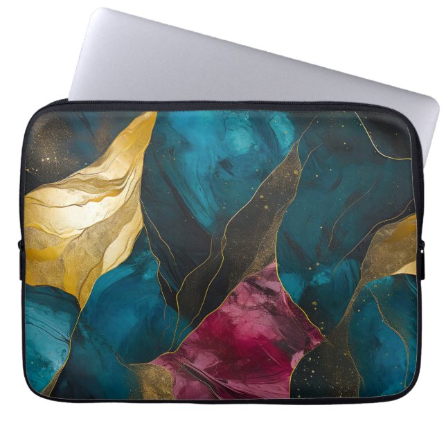 Midnight Teal & Gold Marmor Fusion Laptop Fodral (Framsidan)