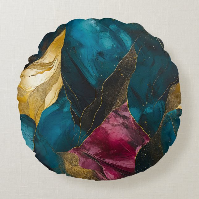 Midnight Teal & Gold Marmor Fusion Rund Kudde (Framsidan)