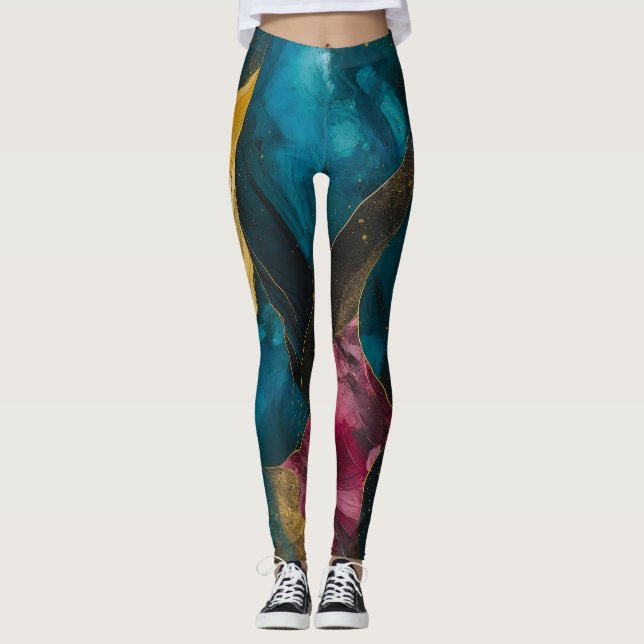 Midnight Teal & Guld Marmor Fusion Leggings (Framsida)