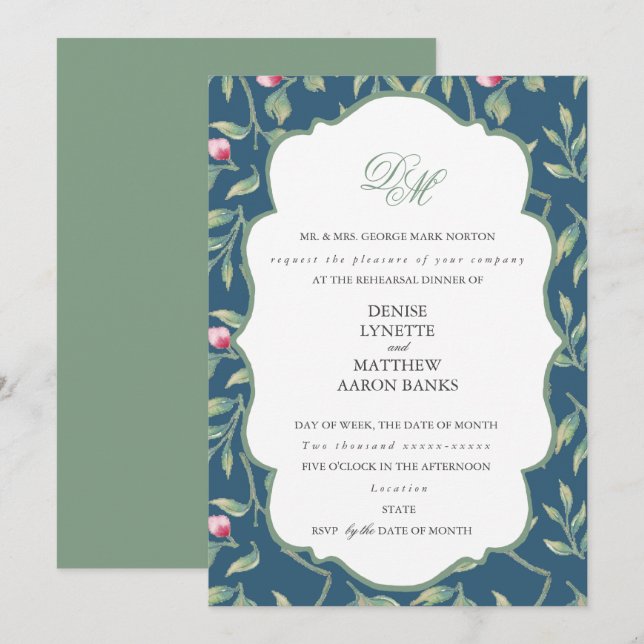 Midnight Teal och Basil Green Övningsmiddag Inbjudningar (Fram/baksida)
