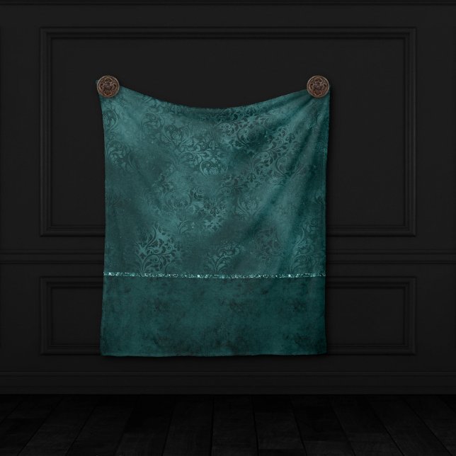 Midnight Teal Romantik | Mörk Satiny Grunge Damask Fleecefilt (Skapare uppladdad)