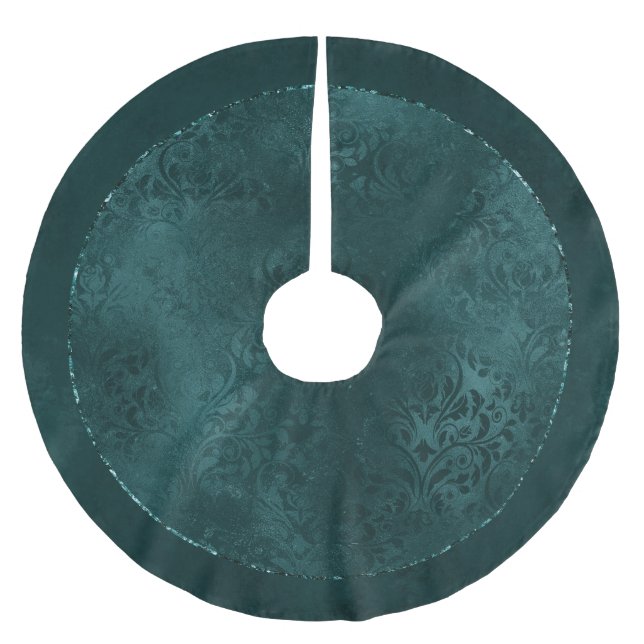 Midnight Teal Romantik | Mörk Satiny Grunge Damask Julgransmatta Borstad Polyester (Framsidan)