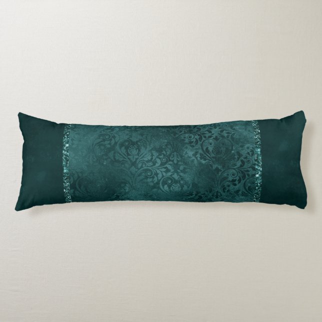 Midnight Teal Romantik | Mörk Satiny Grunge Damask Kroppskudde (Framsidan)