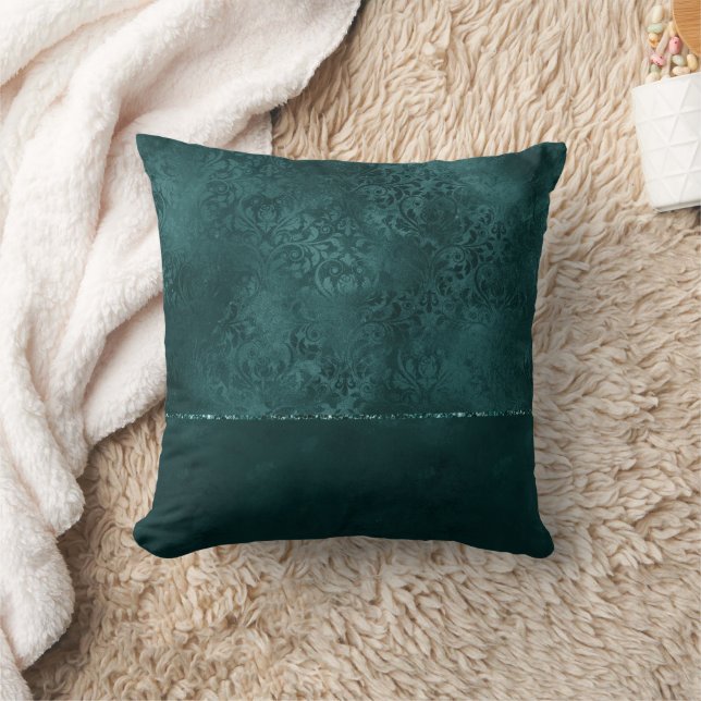 Midnight Teal Romantik | Mörk Satiny Grunge Damask Kudde (Filt)