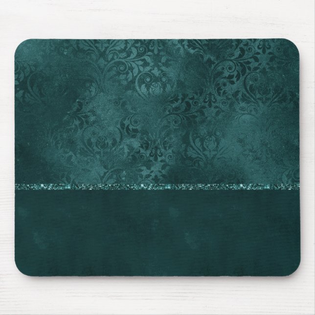 Midnight Teal Romantik | Mörk Satiny Grunge Damask Musmatta (Framsidan)