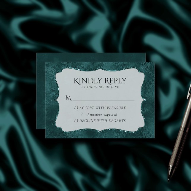 Midnight Teal Romantik | Mörk Satiny Grunge Damask OSA Kort (Skapare uppladdad)