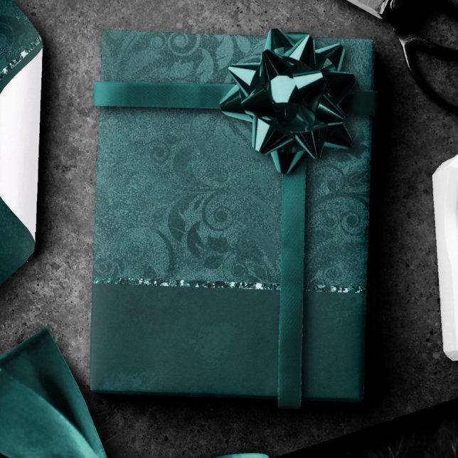 Midnight Teal Romantik | Mörk Satiny Grunge Damask Presentpapper (Skapare uppladdad)