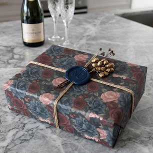 Midnight Victorian Floral Burgunder & Blå Rosor Presentpapper