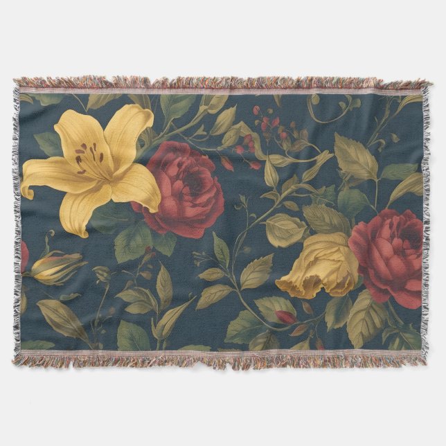 Midnight Victorian Floral – Yellow Lilies & Roses  Filt (Framsidan)