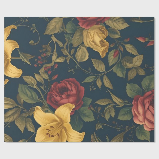 Midnight Victorian Floral – Yellow Lilies & Roses  Presentpapper (Platt)