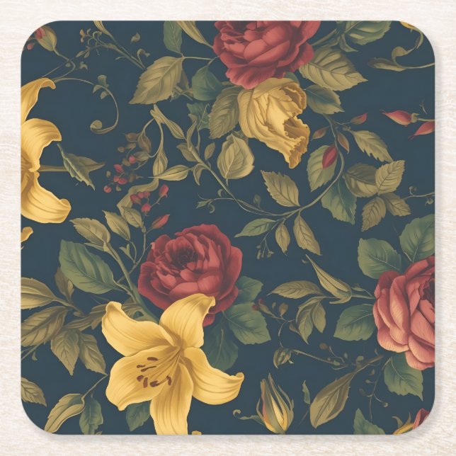 Midnight Victorian Floral – Yellow Lilies & Roses  Underlägg Papper Kvadrat (Framsidan)