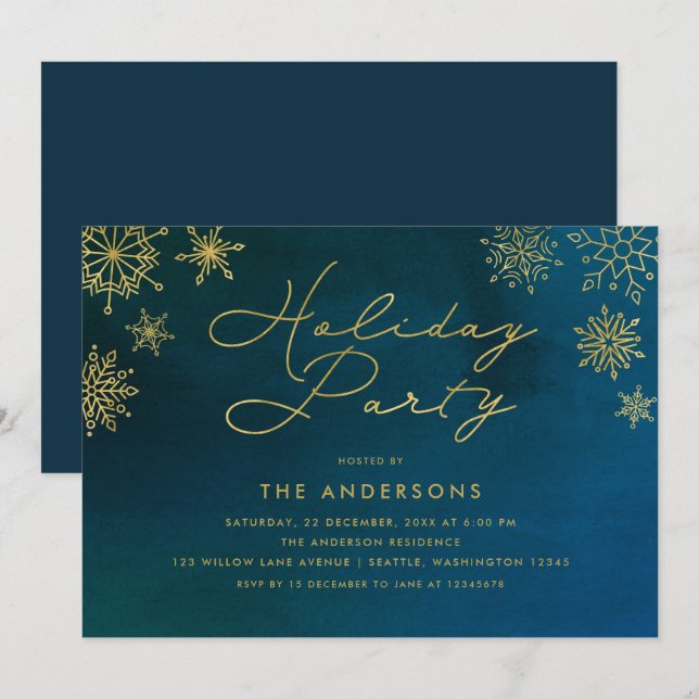 Midnight Watercolor Guld Snowflake Julfest Inbjudningar (Fram/baksida)