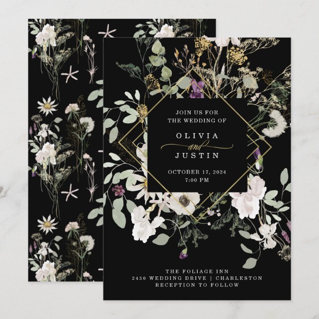 Midnight Wildblommor | Black Geometric Bröllop Inbjudningar (Fram/baksida)