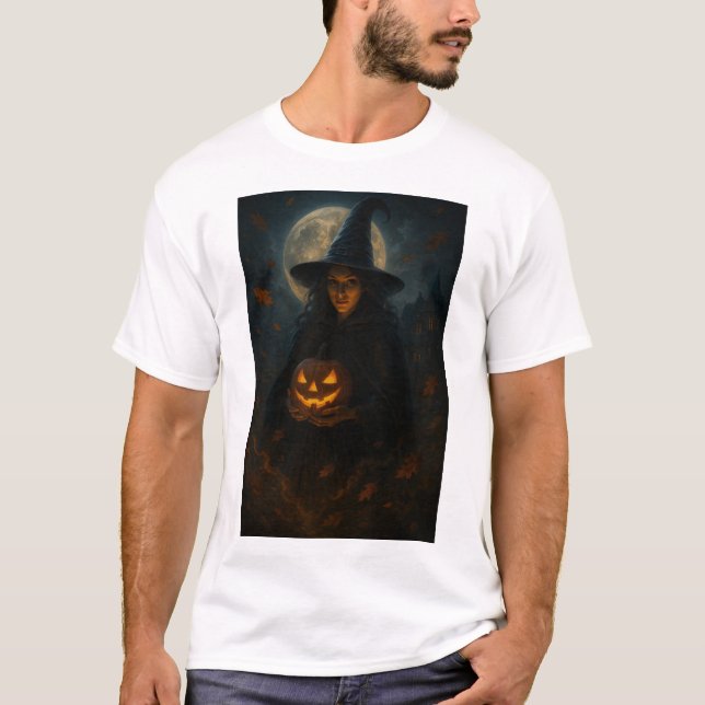 Midnight Witch & Pumpkin Glow - Cinematic Hallowee T Shirt (Framsida)