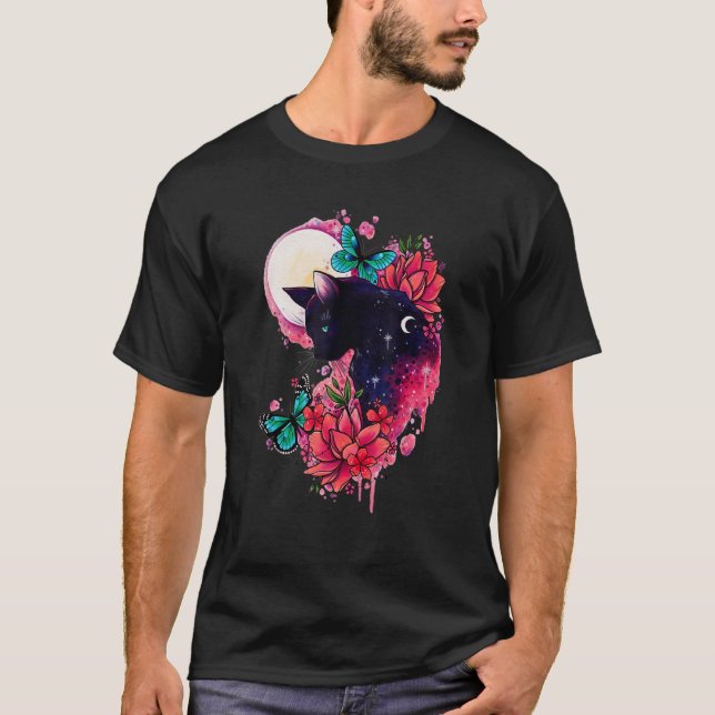 Midnights Katt Blomma Fjärilar Måne T Shirt (Framsida)