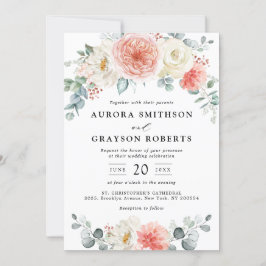 Midsommar Peach Pastel Rosa Blommigt Bröllop Inbjudningar