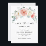Midsommar Peach Pastel Rosa Blommigt Bröllop Spara Datumet<br><div class="desc">Elegant och modern blommigt efter sommaren sparar datumkortet som en bukett av mjuk pastellfärgad ro, peonier, engelsk kål ro, ranunculus och dahlias i skuggor av rosa, persikor och grädde, elfenben, vita med lush grönt botaniska löv och eukalyptus. Hitta fler matchande utformningar och variationer från min "blissweddingpaperie"-butik. Och kontakta mig gärna...</div>