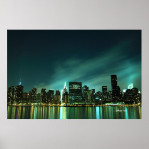 MidtownManhattan horisont på natten tänder, NYC Poster