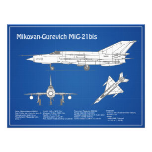 MiG-21a - Flygplanets plan för blåkopia ABD Fototryck