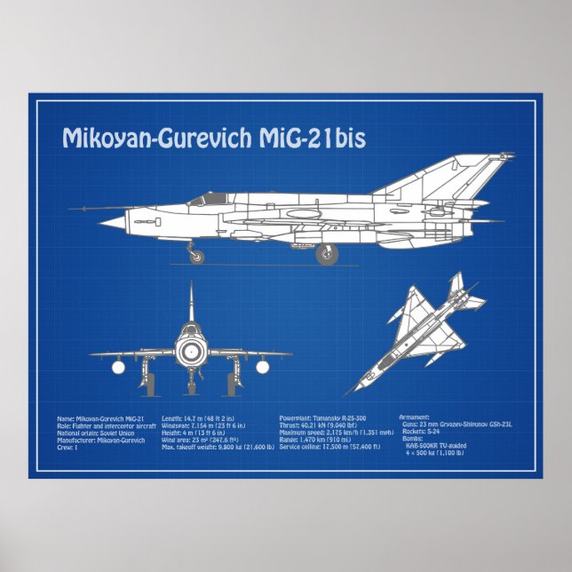 MiG-21a - Flygplanets plan för blåkopia ABD Poster (Framsidan)