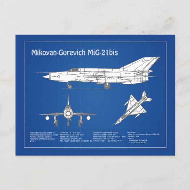 MiG-21a - Flygplanets plan för blåkopia ABD Vykort (Framsida)