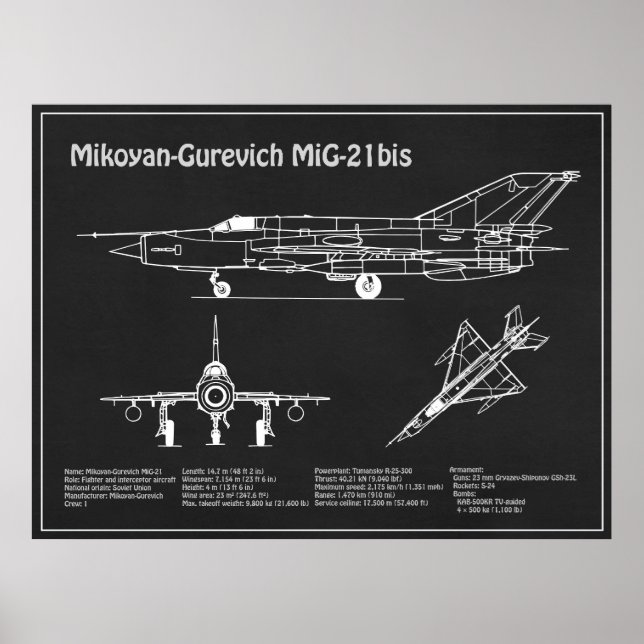 MiG-21a - Flygplanets plan för flygplansavtryck PD Poster (Framsidan)