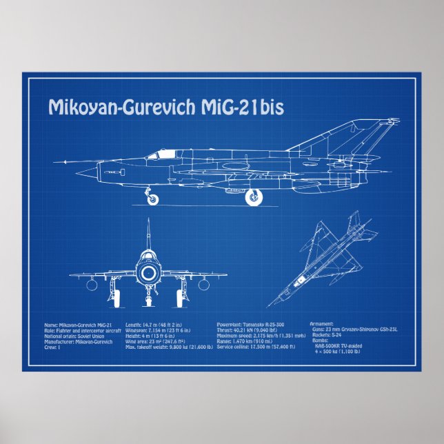MiG-21a - Flygplanets planer för blåkopia AD Poster (Framsidan)