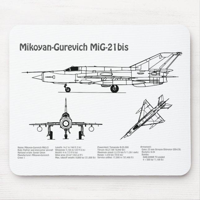 MiG-21a - Flygplanets planer för blåkopia BD Musmatta (Framsidan)